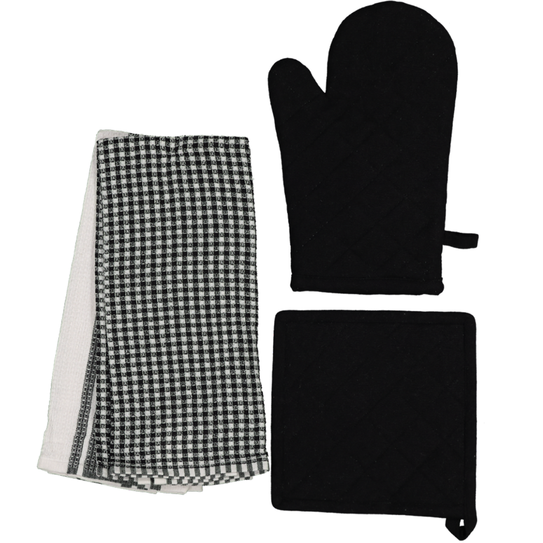 Black Oven Glove Pot Holder And Dishcloth Set